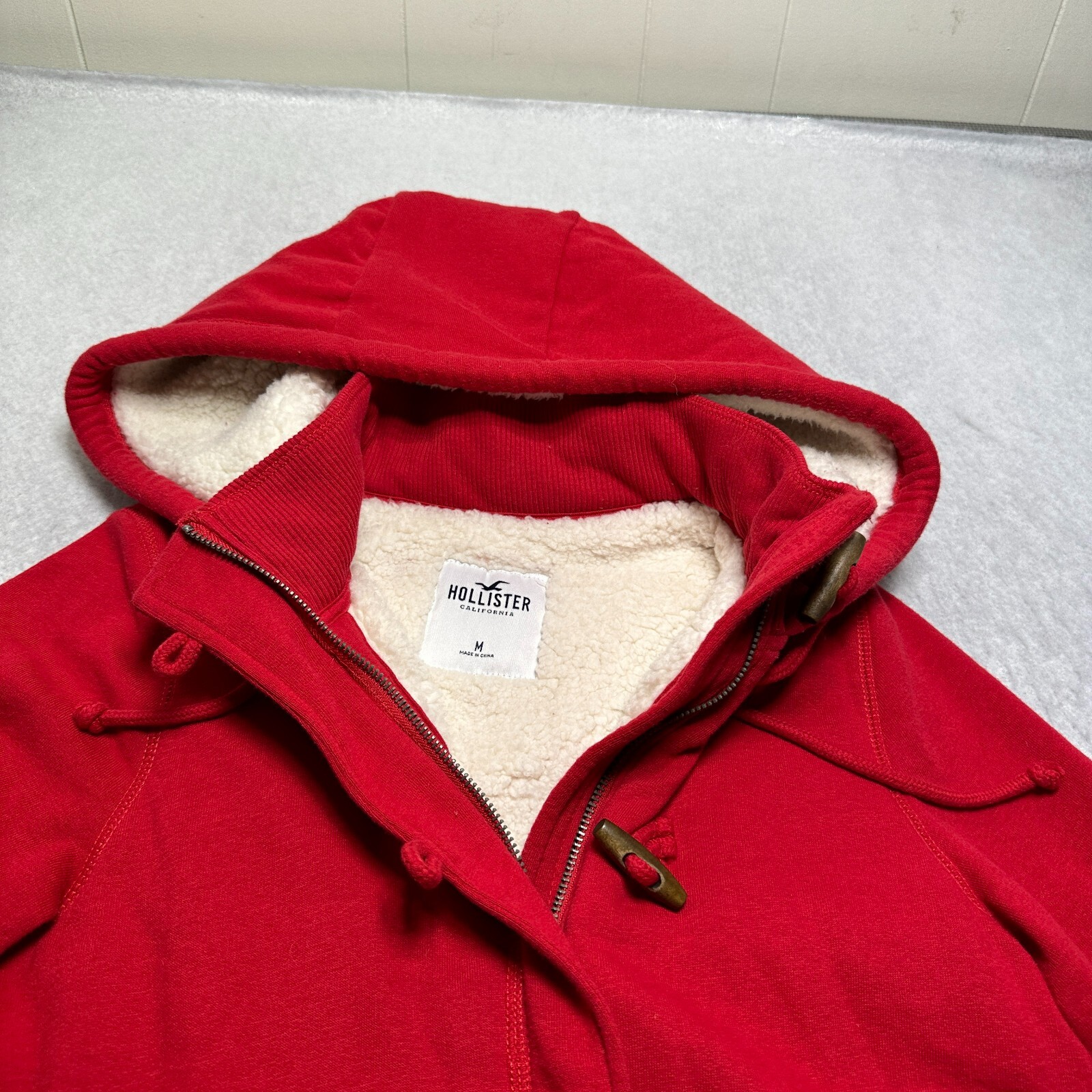 Hollister Jacket Womens Medium M Red Full Zip Mock Neck Sherpa Lined