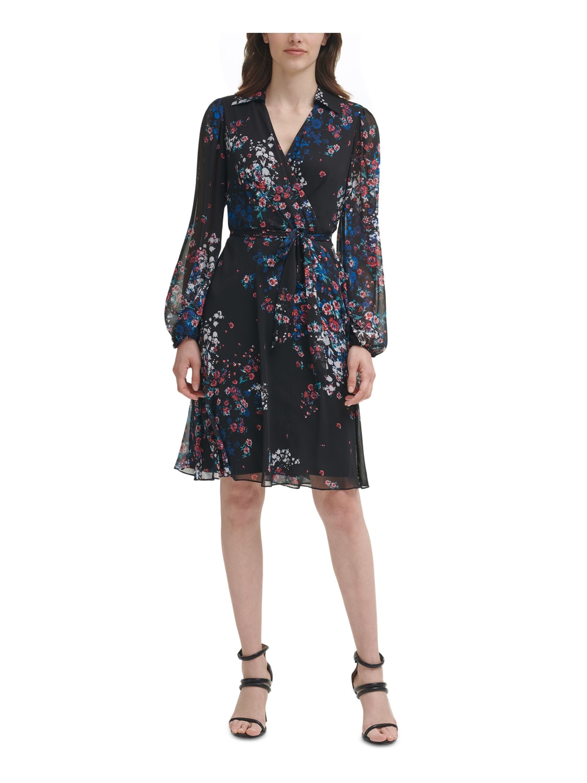 Женское платье DKNY с черным поясом-галстуком на подкладке и рукавами-баллончиками из искусственной кожи с запахом 2