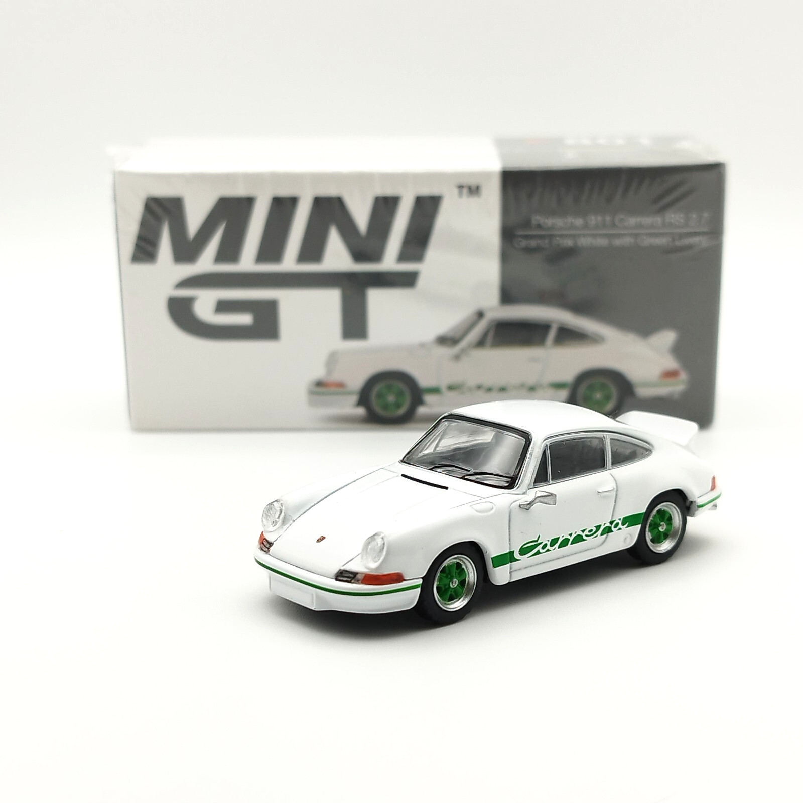 Mini GT Porsche 911 Carrera RS 2.7 1/64 miniature de collection blanc et vert