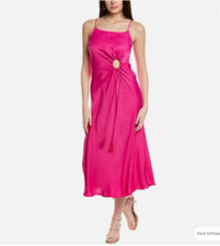 FARM RIO Hot Pink Barbie Satin Cut-Out Drawstring Tassel Beaded Slip-Dress S 4/6