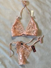 NEW BED OF ROSES Pink Heart Lace Tie Bralette & Tie Thong SET XL