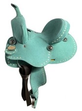 10" Double T Barrel style horse riding saddle with Teal Rough out leather