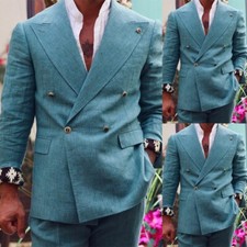 Green Men Suit Slim Fit 2 Piece Set Double Breasted Business Casual Wedding