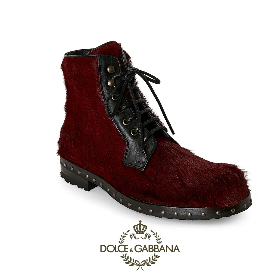 Dolce and Gabbana Maroon Calf Leather Boy's US 1 Pony Hair Combat Boots (0043) - Image 2 of 4