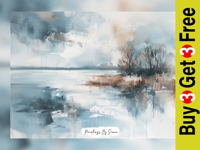 Peaceful Winter Lake Landscape, Watercolor Painting Print 5''x7'' on Matte Paper