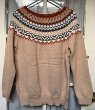 Woman Knit Pullover Sweater Fair Isle Knit Cottage Ski Outdoor Beige Rust Gray