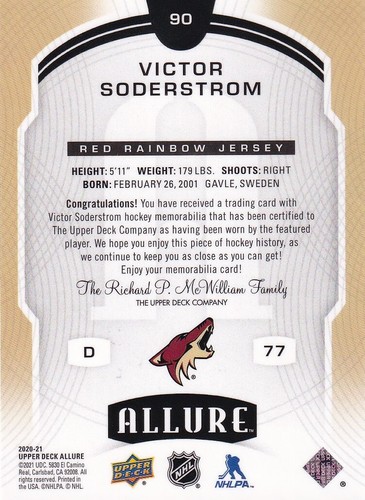 UPPER DECK 2020-21 ALLURE VICTOR SODERSTROM #90 RED RAINBOW RELIC CARD - Picture 2 of 2