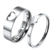 2pcs Couple Matching Heart Promise Rings I Love You Engagement Wedding Band Gift