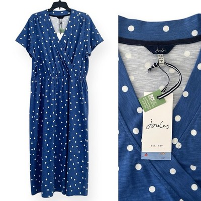 Joules Women Size US 14 Blue White Multi Cotton Polka Dot Sheath Midi Dress NWT
