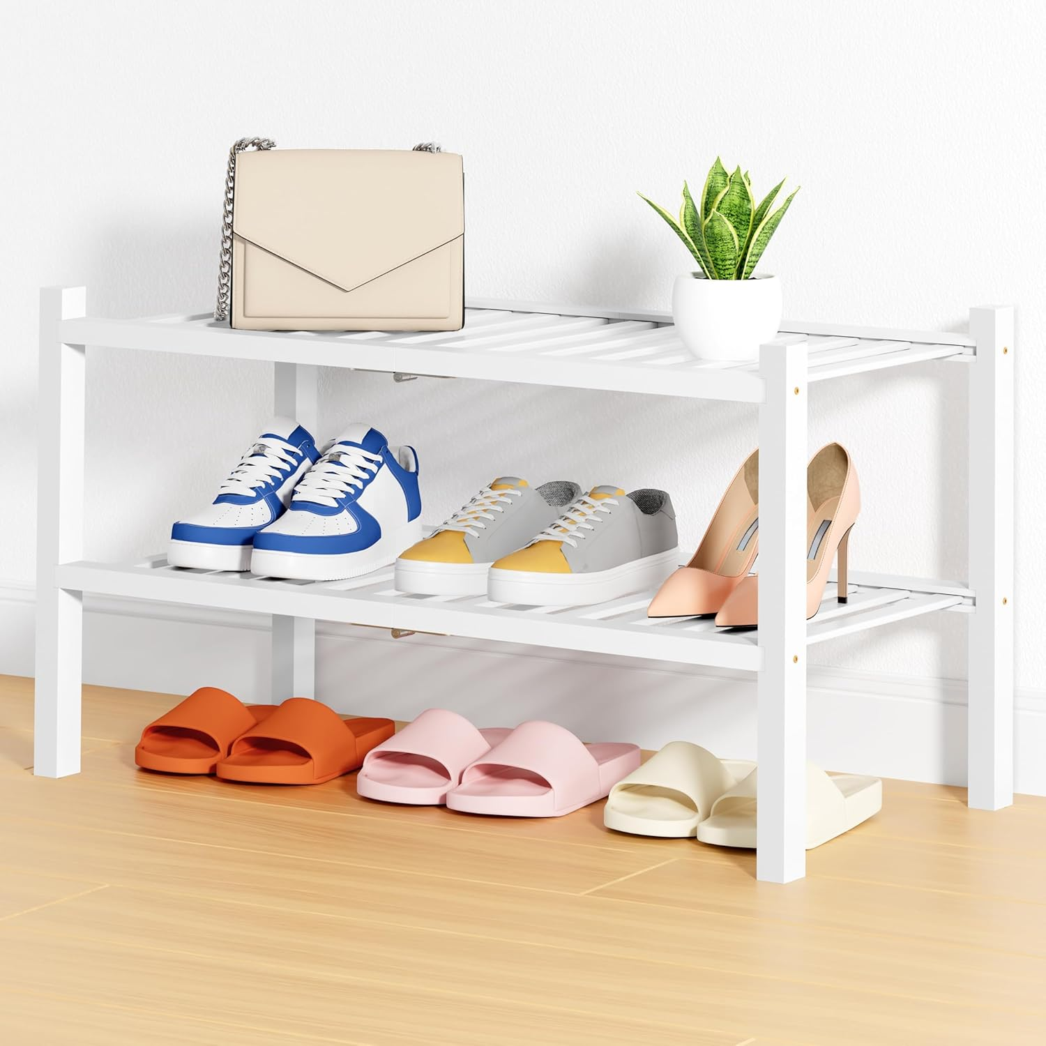 Shoe Rack, 2 Tier Bamboo Shoe Organizer, Stackable Free Standing Wooden Shoe Sto