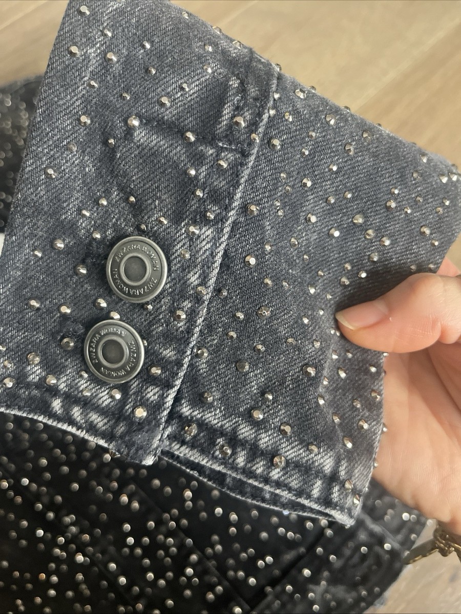 Zara Sequinned Denim Jacket ZW Collection Grey Rhinestone XS
