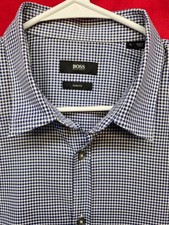 Hugo Boss Shirt Mens XL Blue Micro Check Slim Fit Short Sleeve Button Down
