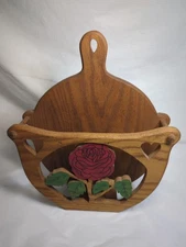 Vintage Wooden Paper Plate Holder with Rose Cut-Outs Cottagecore Grandmacore