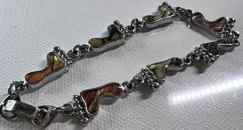 Silver Bracelet Feet Foot Link Multicolor Pāua Abalone shell 7" - Picture 3 of 6