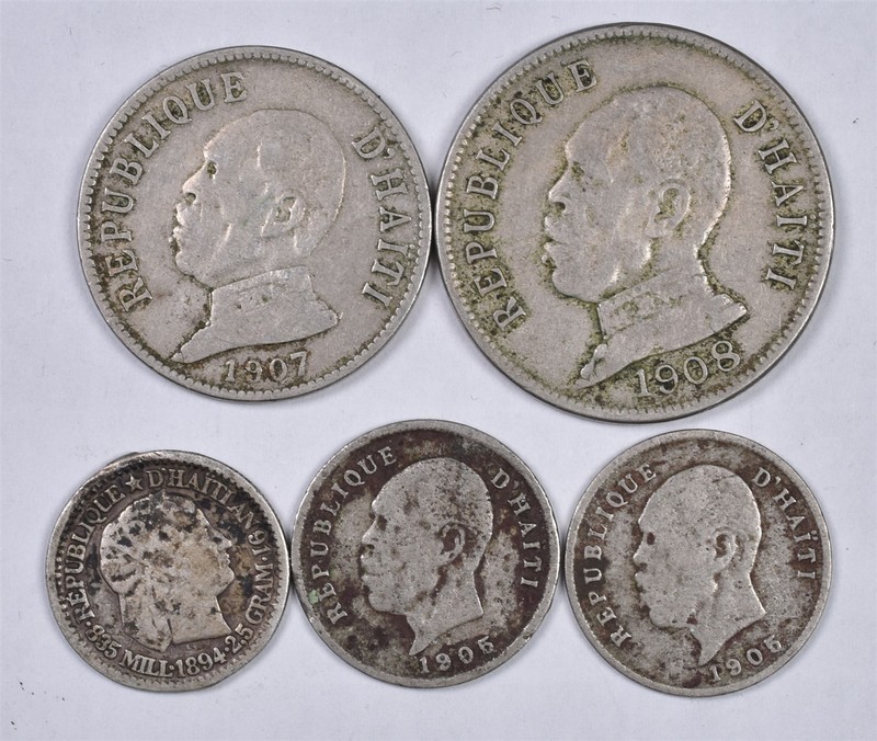 1894-1908 Haiti Centimes 50 20 10 & 5 - 5 Coin Lot 