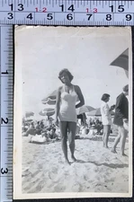 Young Woman White Swimsuit Risque Beach Sand Vintage BW Photo Snapshot