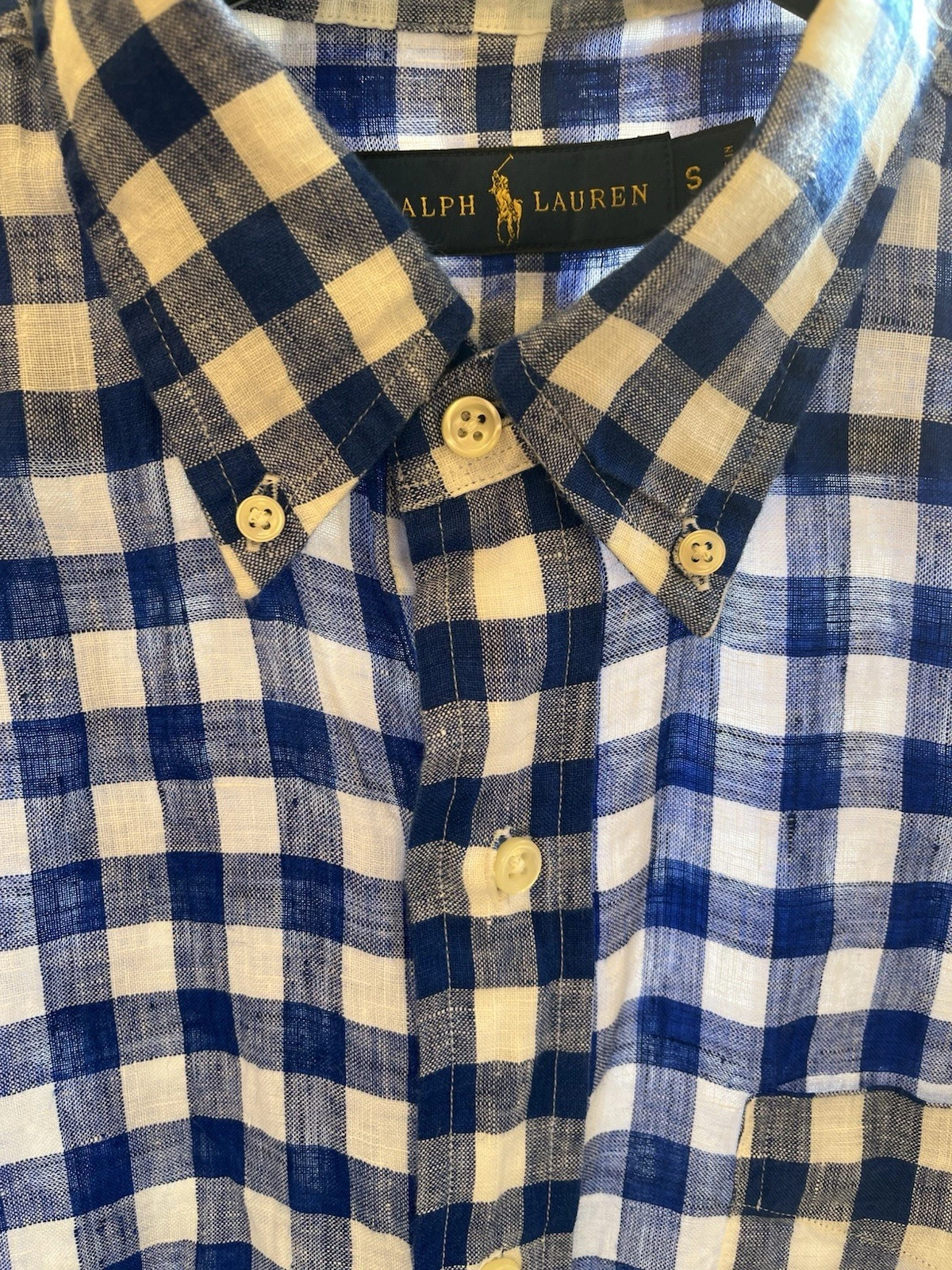 Ralph Lauren Men Linen Shirt Small Blue White Gingham check
