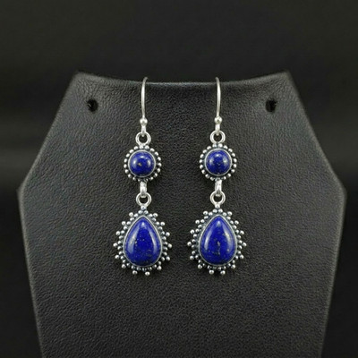 Lapis Lazuli Gemstone 925 sterling silver handmade Dangle Drop Earrings 2.25''