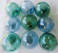 Japanese GLASS FLOATS 3.5" (9) Sky BLUE/Sea GREEN Makers Marks Antique USA BZ