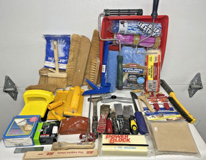 HUGE LOT OF PAINT DRYWALL SUPPLIES Roller Brush Pan Scrapper Mixer Sanding Caulk
