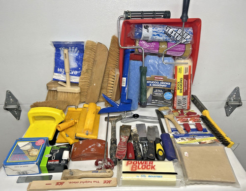 HUGE LOT OF PAINT DRYWALL SUPPLIES Roller Brush Pan Scrapper Mixer Sanding Caulk