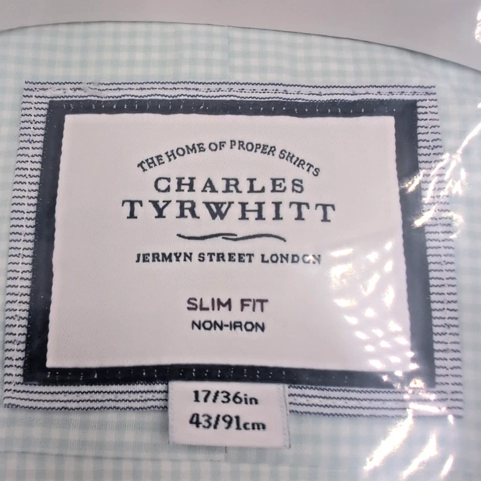 Camisa de vestir Charles Tyrwhitt para hombre XL azul blanco a cuadros sin hierro calce ajustado - 17/36 Foto 3 de 4