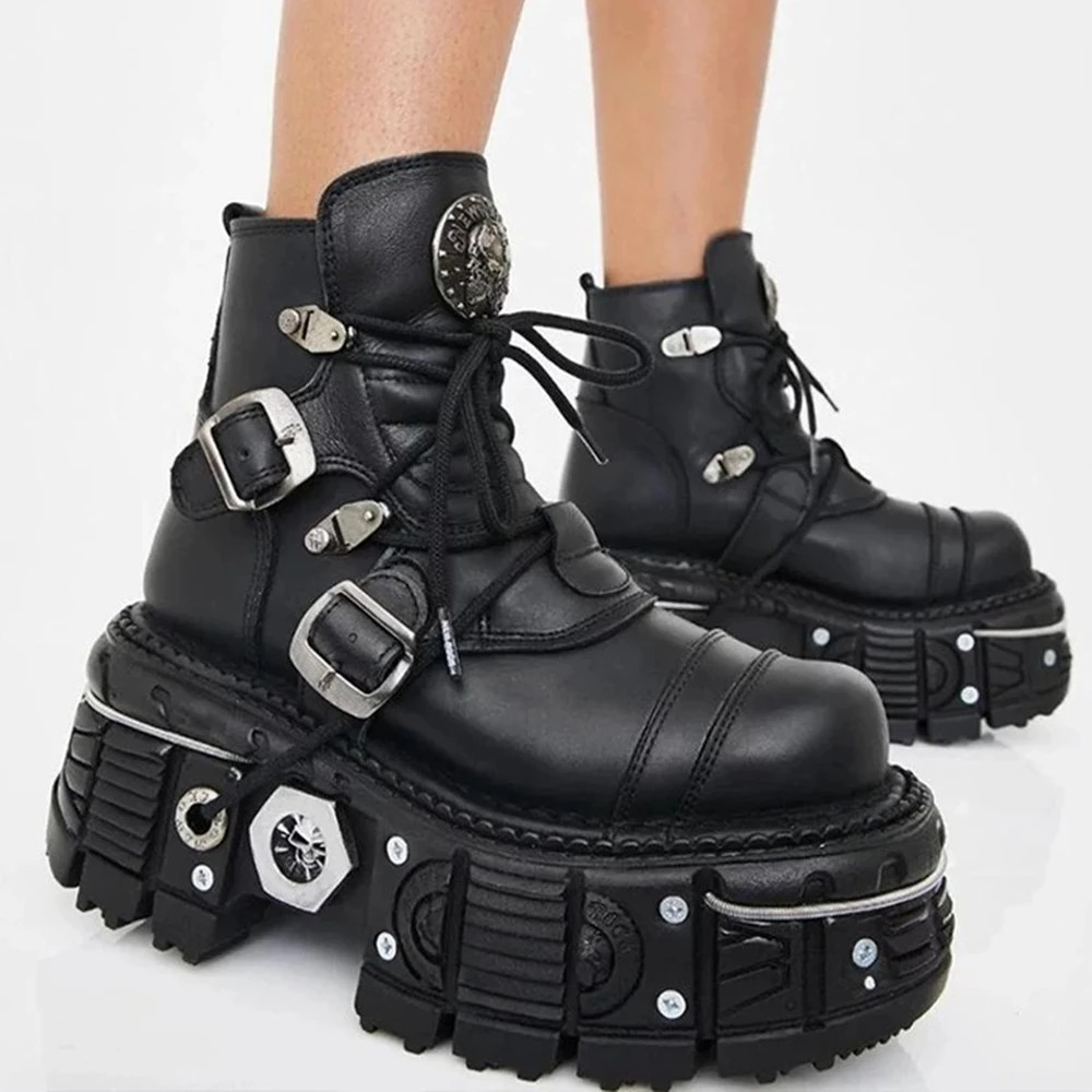 SAOLA Stivaletti Moto Moda Metallo Suola Spessa Platform Punk Scarpe Gotiche Nero