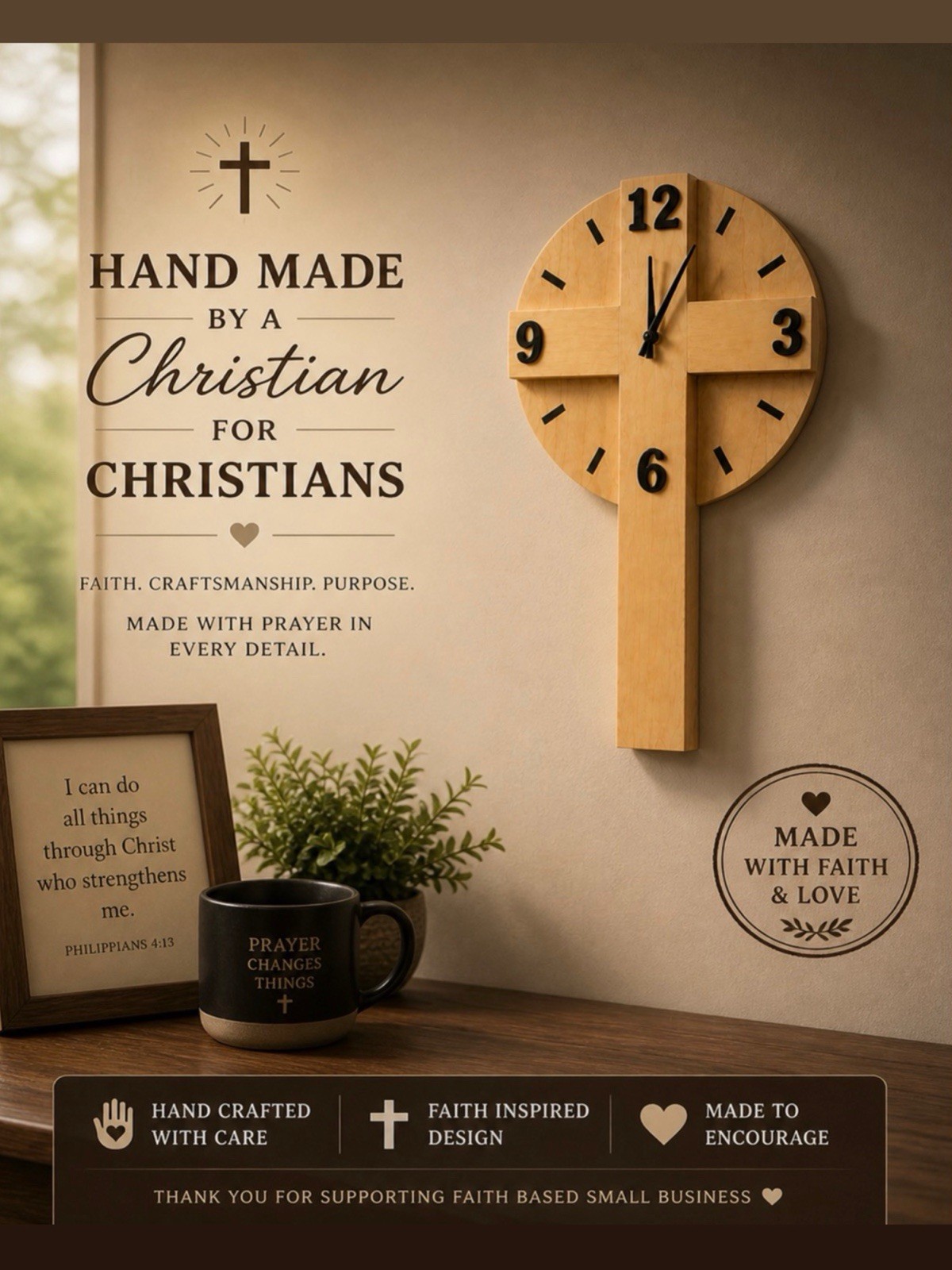 Handcrafted Wooden Cross Wall Clock Real Wood Christian Faith Home Decor 20x12