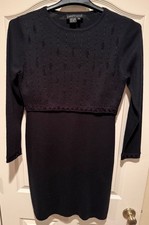Petite Carole Little Black Embroidered and Sequined Sweater Dress Wool Blend PM