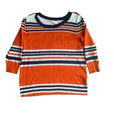 Orange Navy Polo Style Stripes 3/4 Sleeve Round Neck Lightweight Sweater 