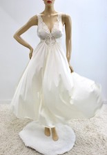 Vintage Olga Long Nightgown Large Cream White Stretch Bodice Lace 92270 USA