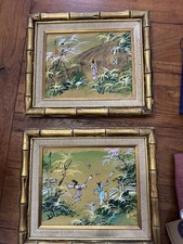 vtg matted and framed oriental paintings in bamboo frames