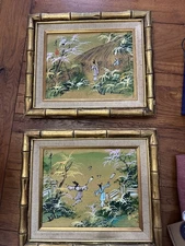 vtg matted and framed oriental paintings in bamboo frames