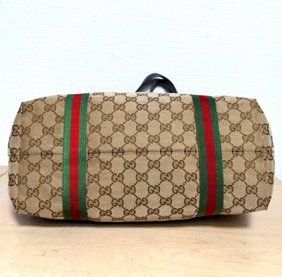 GUCCI Women's GG Canvas Tote Bag Leather Stripes Beige Authentic thumbnail 6