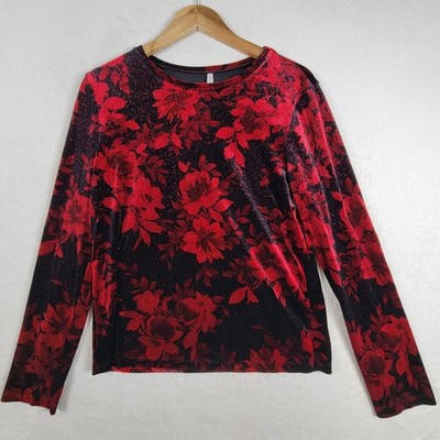 White Stag Long Sleeve Top Black/Red Sparkle Floral Velvet Women's 