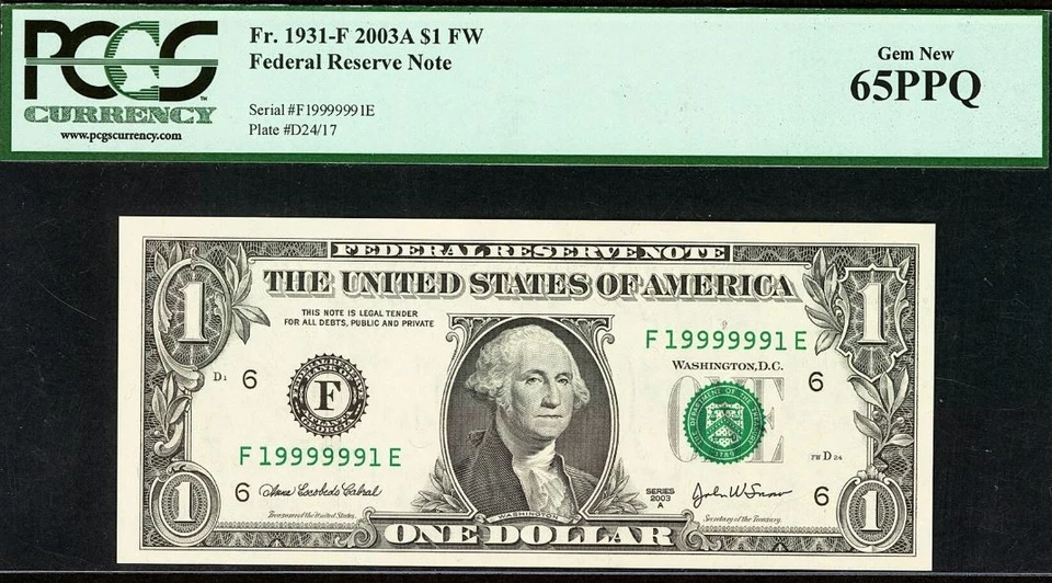 2003A $1 Federal Reserve Note PCGS 65PPQ Gem Fancy Radar Serial Number 19999991 - Image 2 of 3