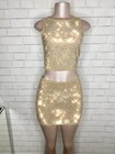 2pc Nude Mesh Silver Rhinestone Tank Top Mini Skirt Set Clubwear Prom Formal Med