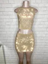 2pc Nude Mesh Silver Rhinestone Tank Top Mini Skirt Set Clubwear Prom Formal Med