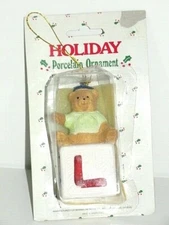 CHRISTMAS ORNAMENT Teddy Bear Baby Boy Block Initial "L" 1990's 