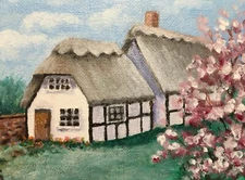 Cottage,Cotswolds,shabby chic,Tudor,floral,original art print,magnolias,village