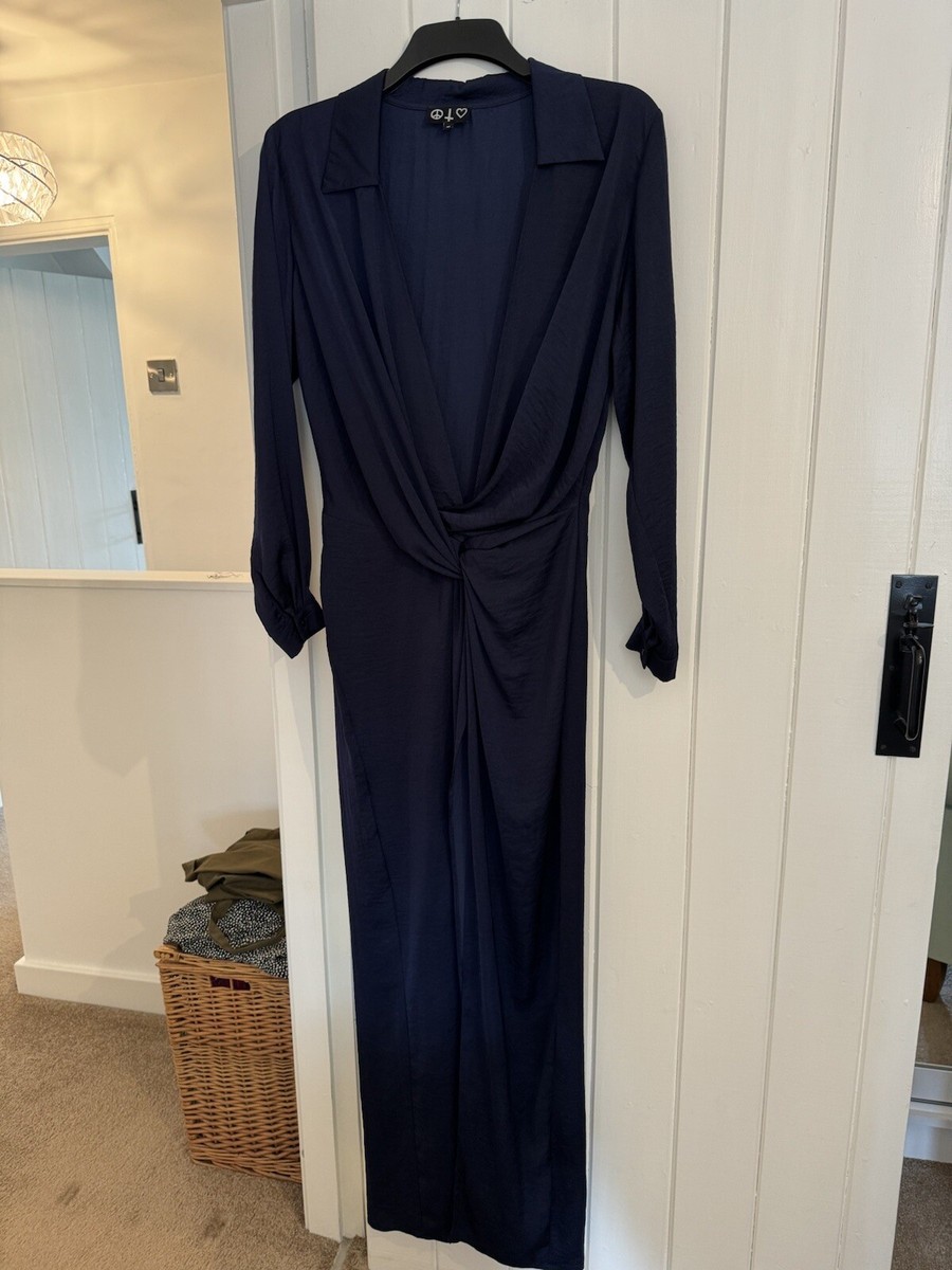 Missguided Peace Love Dress Navy 10 Full Length Low Front Split Leg Satin