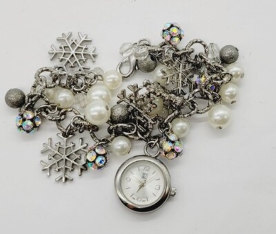 Charm Bracelet Watch Snow Flake Watch 7'' Faux Pearl New Battery