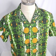 Vtg 60s 70s Tropicana Hawaiian Aloha Bark Cloth Shirt Sz L Pineapple Floral