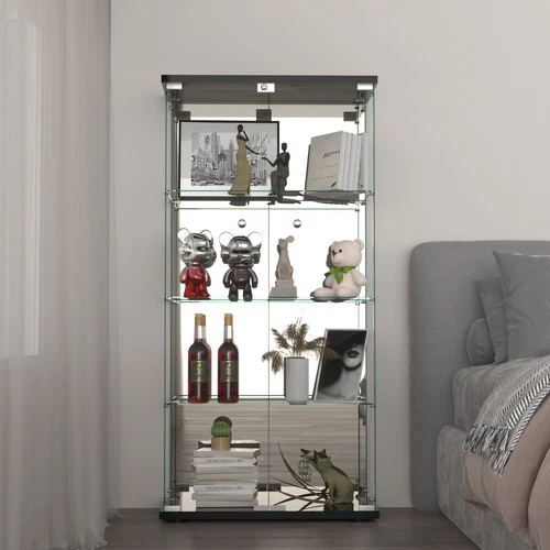 Glass Display Cabinet 4 Shelves w/Mirror Bookshelf Trophy Case Curio Black New - Picture 11 of 11