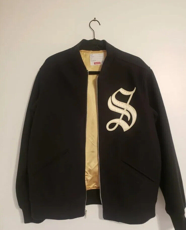 Supreme Old English Zip Varsity Jacket Black Gold Size L Large Ex.  Condition 💎