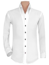 Mens Tuxedo White Cotton Black Buttons High Open Button Down Collar Formal Shirt