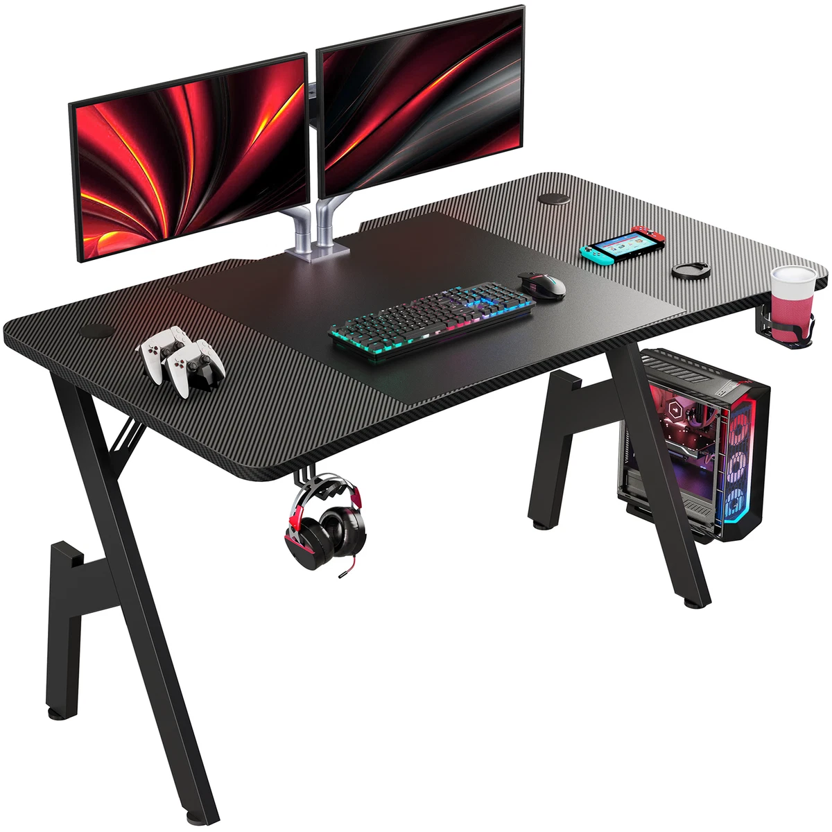 Mr IRONSTONE Gaming Desk Gamer Workstation with Cup Holder and More