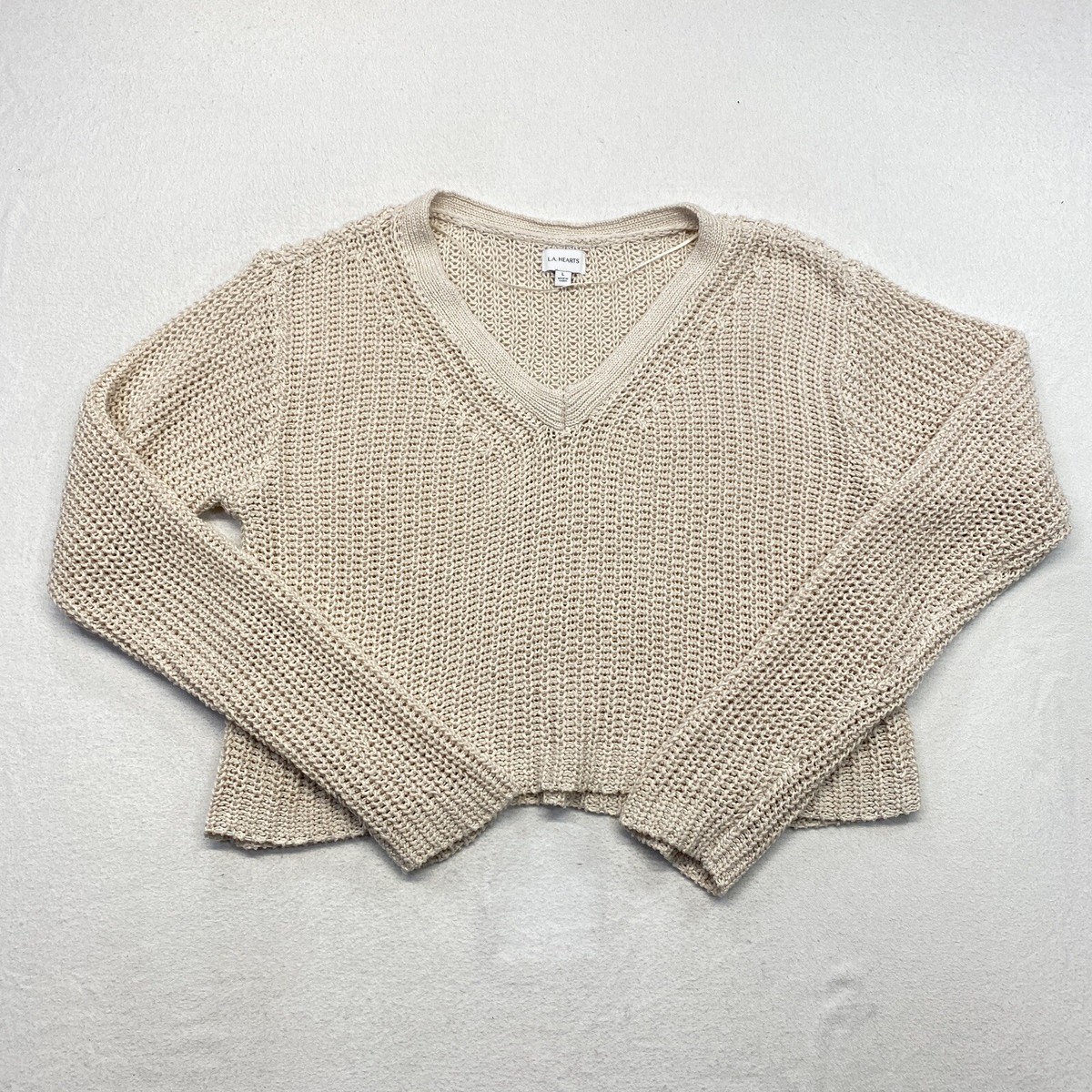 Pacsun LA Hearts Crop Knit Sweater Womens Large Beige Tan Long Sleeve