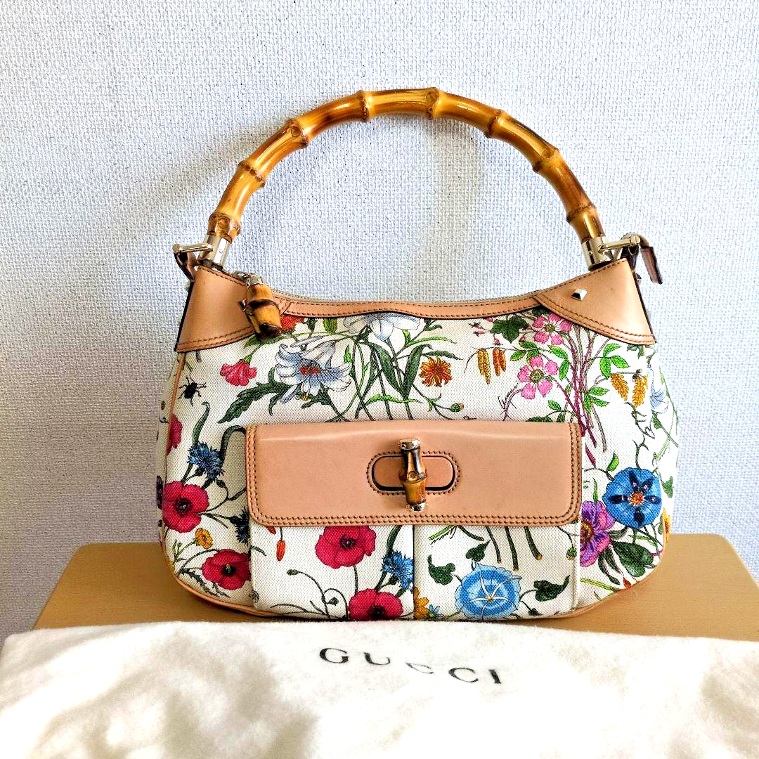 GUCCI Bamboo Top Handle Bag Flora Print Canvas White Beige