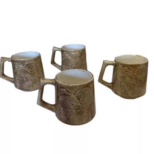 4 Vintage Mid Century Stoneware Coffee Mugs Pheasant Hand Crafted Signed Set 4